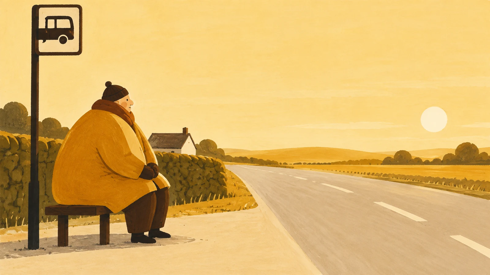 A bundled passenger in a large amber coat sits sideways on a bench beside a bus-stop sign, facing a country road that curves past hedges and a cottage beneath…
