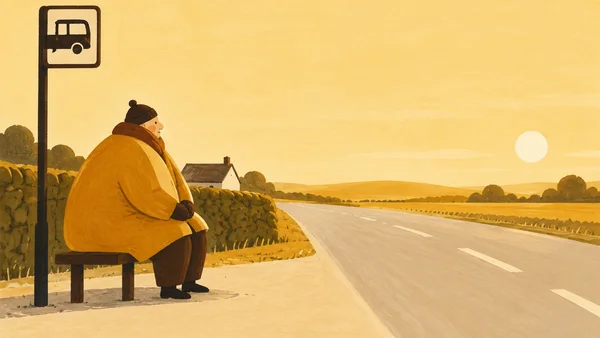 A bundled passenger in a large amber coat sits sideways on a bench beside a bus-stop sign, facing a country road that curves past hedges and a cottage beneath…