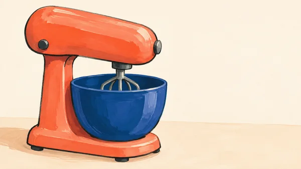 A large coral stand mixer with an elongated motor head and deep-blue bowl sits on a warm cream kitchen surface.