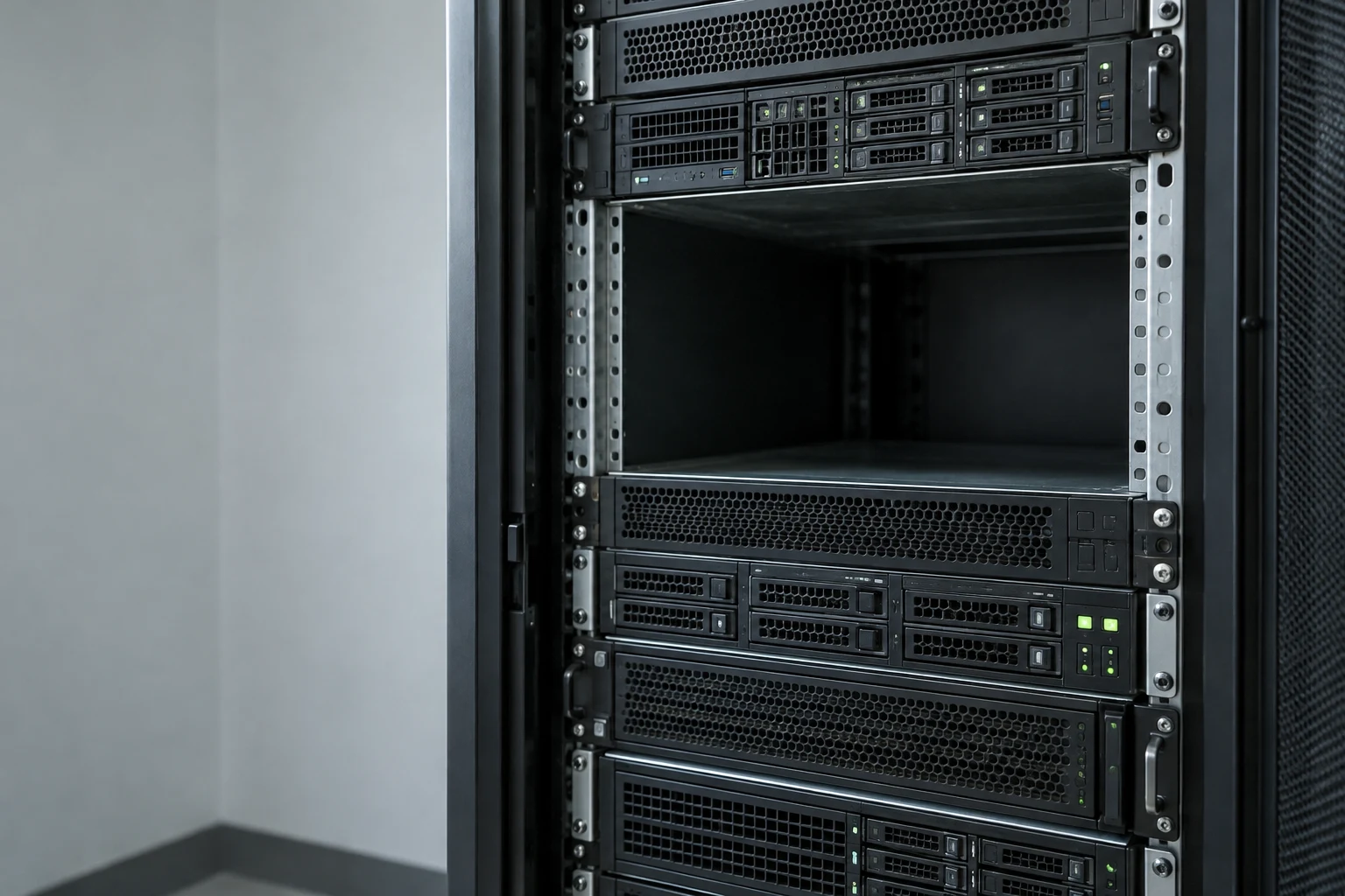 An open black server cabinet stands against a pale-grey wall, with installed rack servers above and below a large vacant bay framed by silver mounting rails…