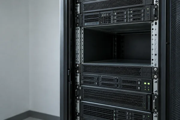 An open black server cabinet stands against a pale-grey wall, with installed rack servers above and below a large vacant bay framed by silver mounting rails…