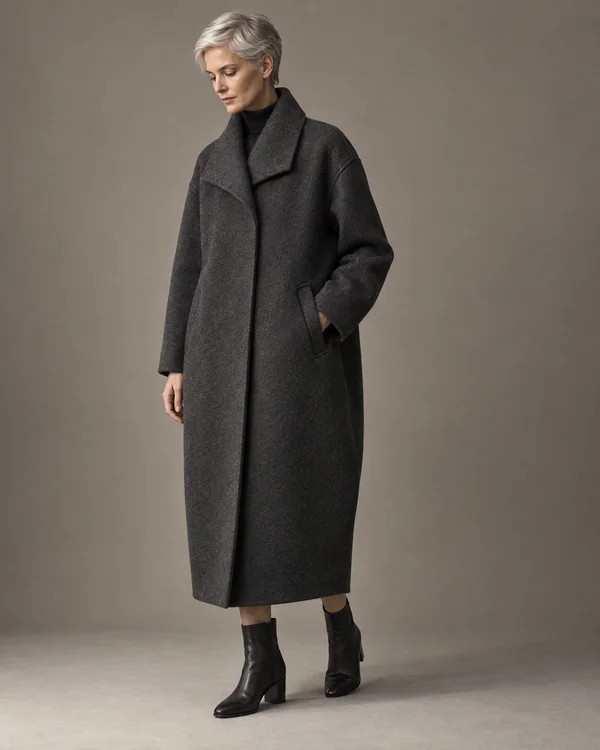 A silver-haired model stands against a warm-gray studio backdrop in a long charcoal wool coat with a broad folded collar and slanted pocket, paired with black…