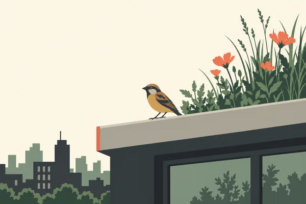 A ochre-and-charcoal sparrow perches on a diagonal concrete rooftop parapet beside coral flowers and tall grasses, with a large building window and a city…