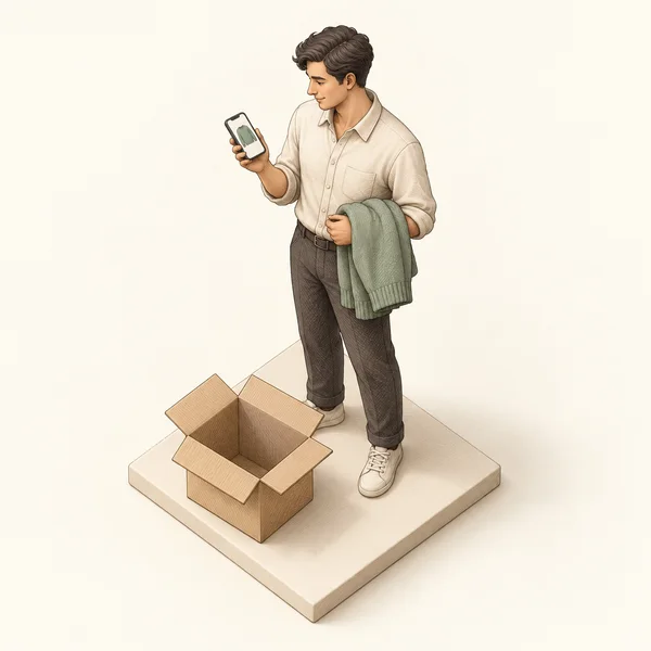A stylized adult figure stands on an ivory square platform, holding a sage-green sweater over one forearm while looking at a smartphone displaying a sweater…