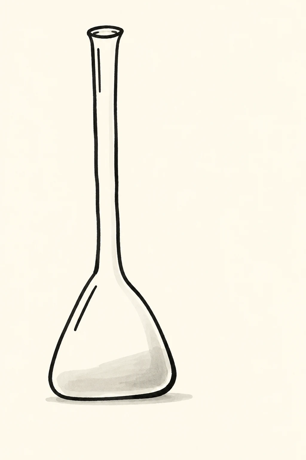 A hand-drawn black-ink illustration of an empty glass flask with a very long narrow neck and a rounded triangular body, set left of centre on a warm ivory…