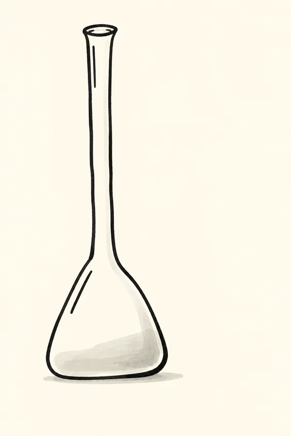 A hand-drawn black-ink illustration of an empty glass flask with a very long narrow neck and a rounded triangular body, set left of centre on a warm ivory…