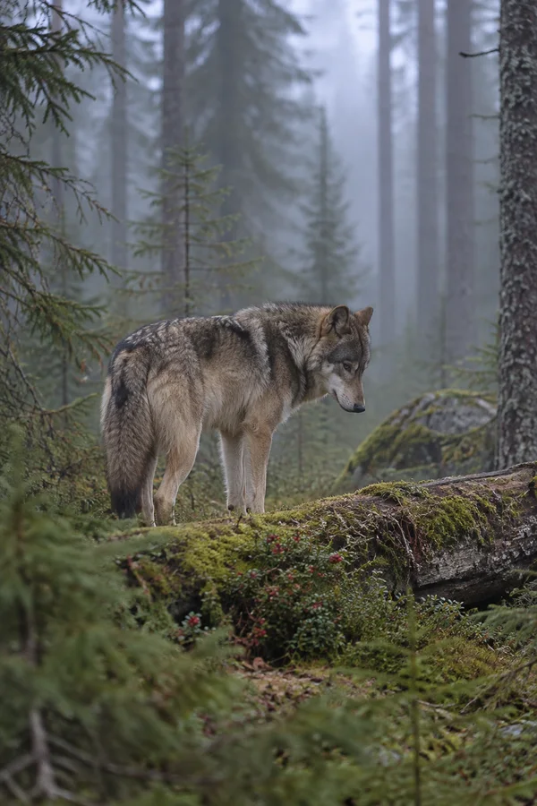 A grey wolf stands side-on with its head lowered beside a moss-covered fallen log in a misty spruce forest, with red berries among the moss.