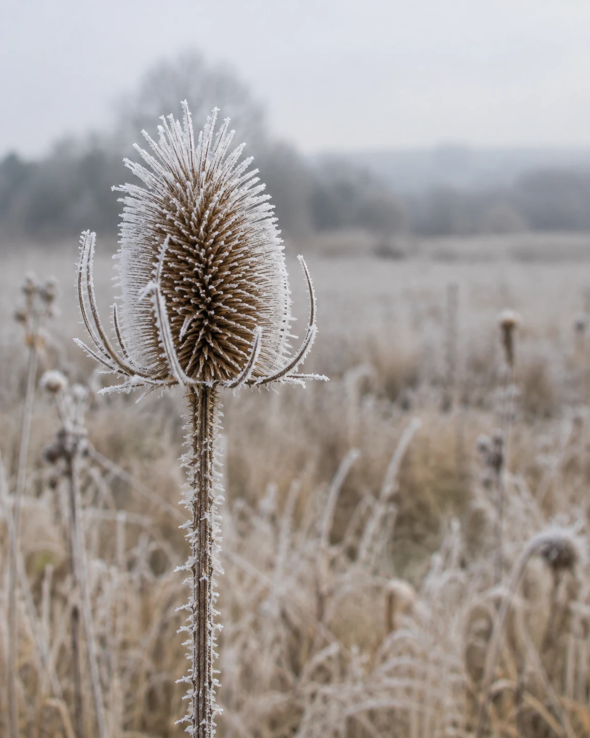 A frost-coated teasel seed head and upright stem stand in a pale, dried meadow, with grasses and other seed heads blurred behind it.