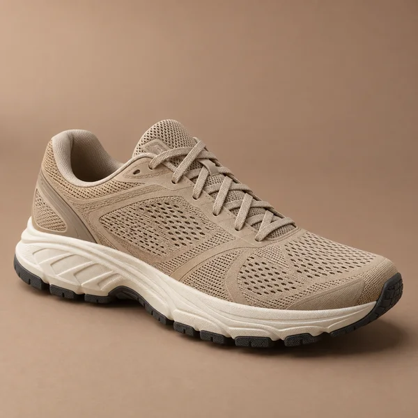 A wheat-coloured mesh running shoe with woven laces, thick ivory midsole and charcoal rubber tread rests on a muted clay surface, heel to the left and toe to…