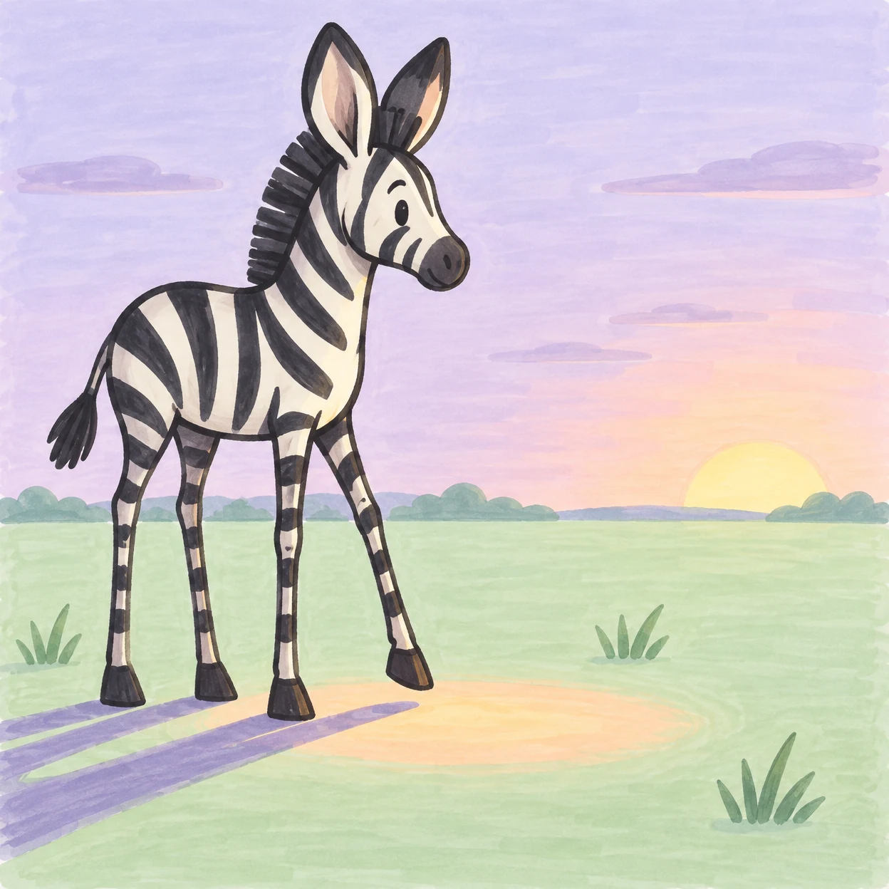 A hand-drawn zebra with long thin legs stands in a pale green meadow, facing right with one front hoof lifted over a peach-colored patch of dawn light.