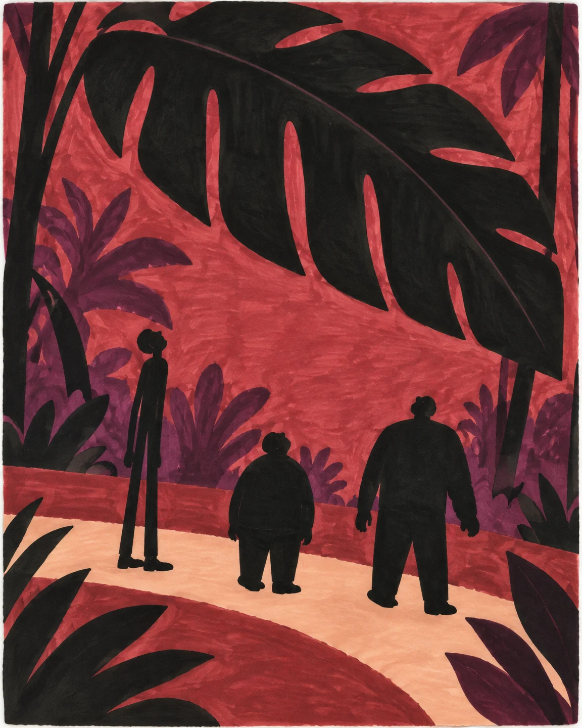 Three black silhouetted visitors stand separately on a pale peach path beneath an enormous diagonally arching leaf, surrounded by plum foliage against a…