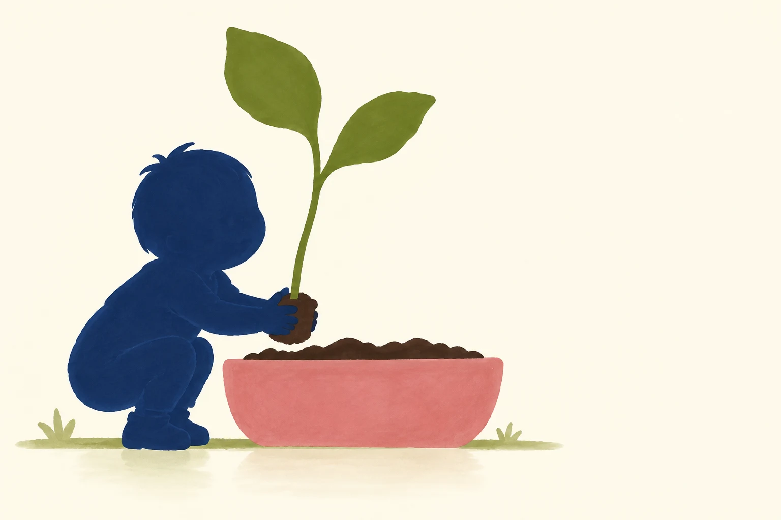 A navy-silhouette toddler crouches beside a broad rose-colored planter, holding a brown root ball beneath a tall green seedling with two large leaves.