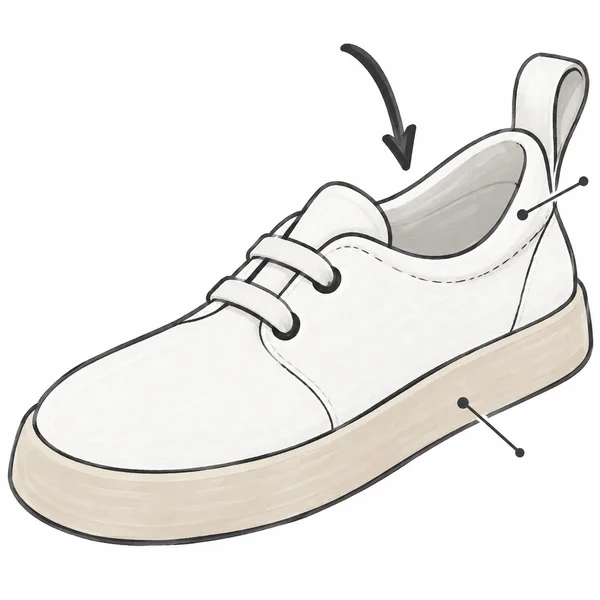 A large white low-top sneaker with a pale sand-colored thick sole is drawn diagonally on a white background.