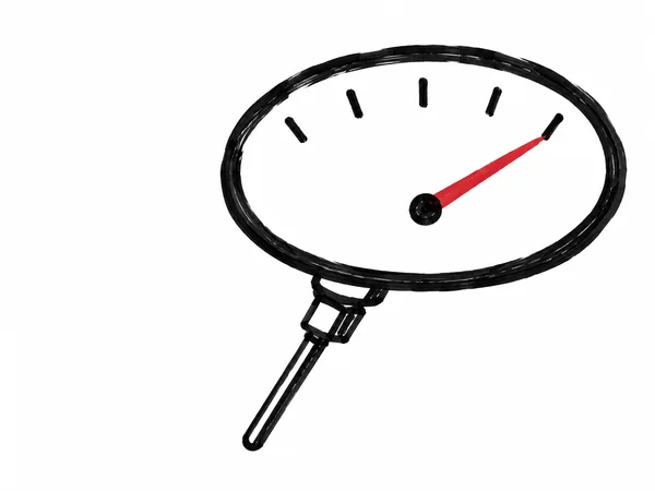 A hand-drawn temperature gauge with a broad oval dial, five black tick marks, a red needle near the rightmost mark, and a slender probe extending diagonally…