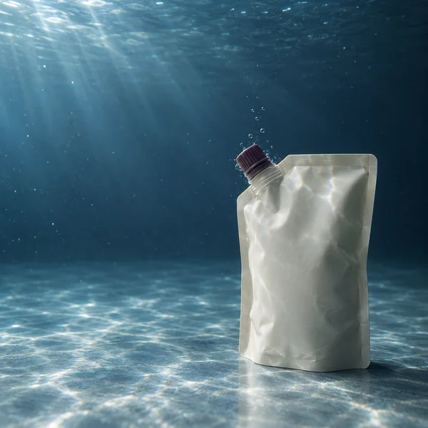 A blank ivory refill pouch with a dark plum cap stands on a rippled blue tank floor, lit by bright rays from above; small bubbles rise around the cap.