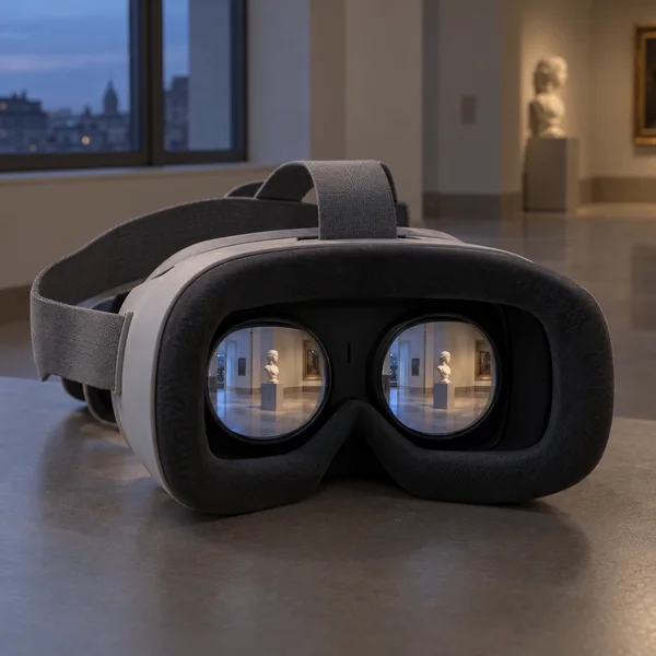 A gray VR headset with a woven fabric strap rests on a tabletop, its padded eyepieces facing the camera.