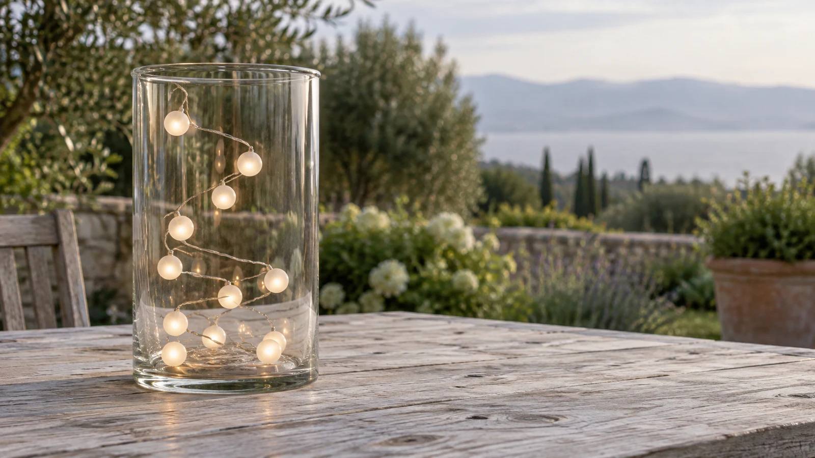 A clear cylindrical glass lantern holding a loose strand of warm glowing globe lights sits on a weathered wooden garden table, with a softly blurred garden and…
