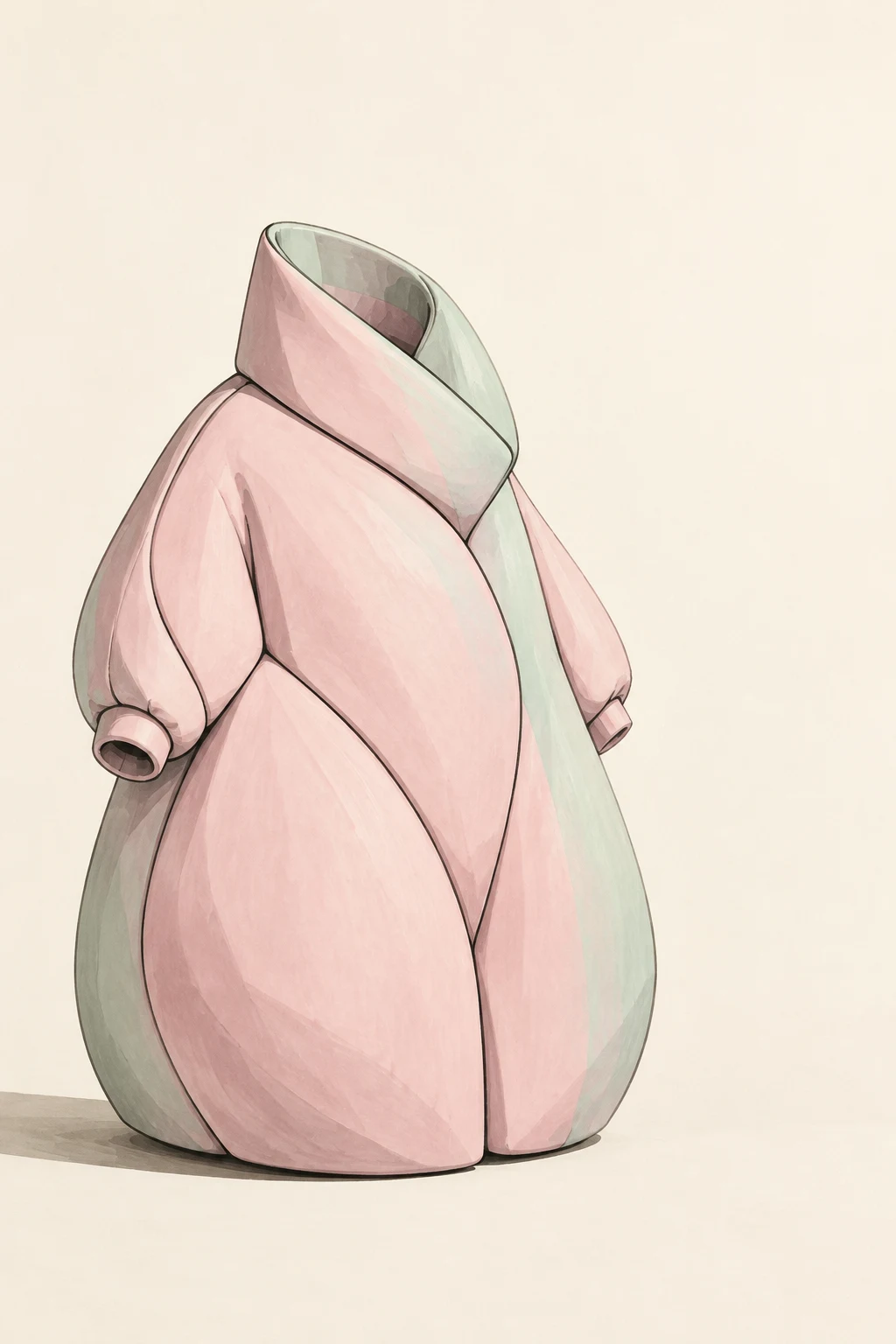 A sculptural pearl-pink cocoon coat with pale mint panels stands on an invisible form against a warm ivory studio background, with a tall folded collar…