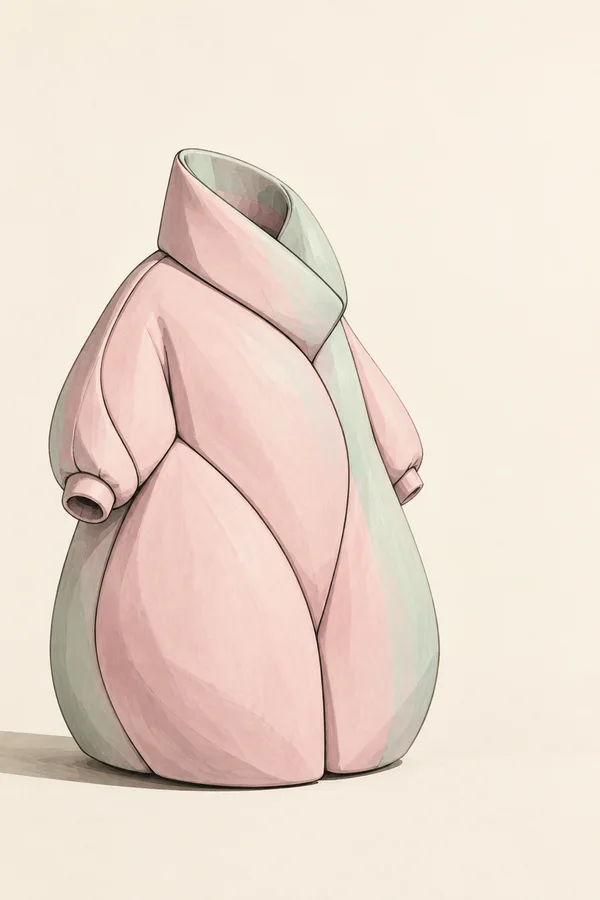 A sculptural pearl-pink cocoon coat with pale mint panels stands on an invisible form against a warm ivory studio background, with a tall folded collar…