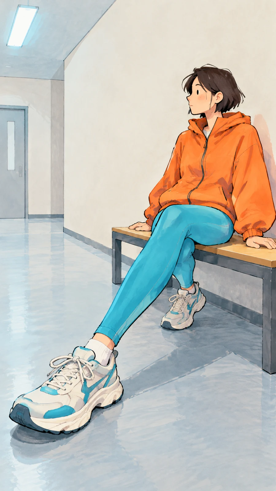 A short-haired person in an orange hooded jacket and cyan trousers sits on a bench in a pale hallway, one oversized cream-and-cyan trainer extending toward the…