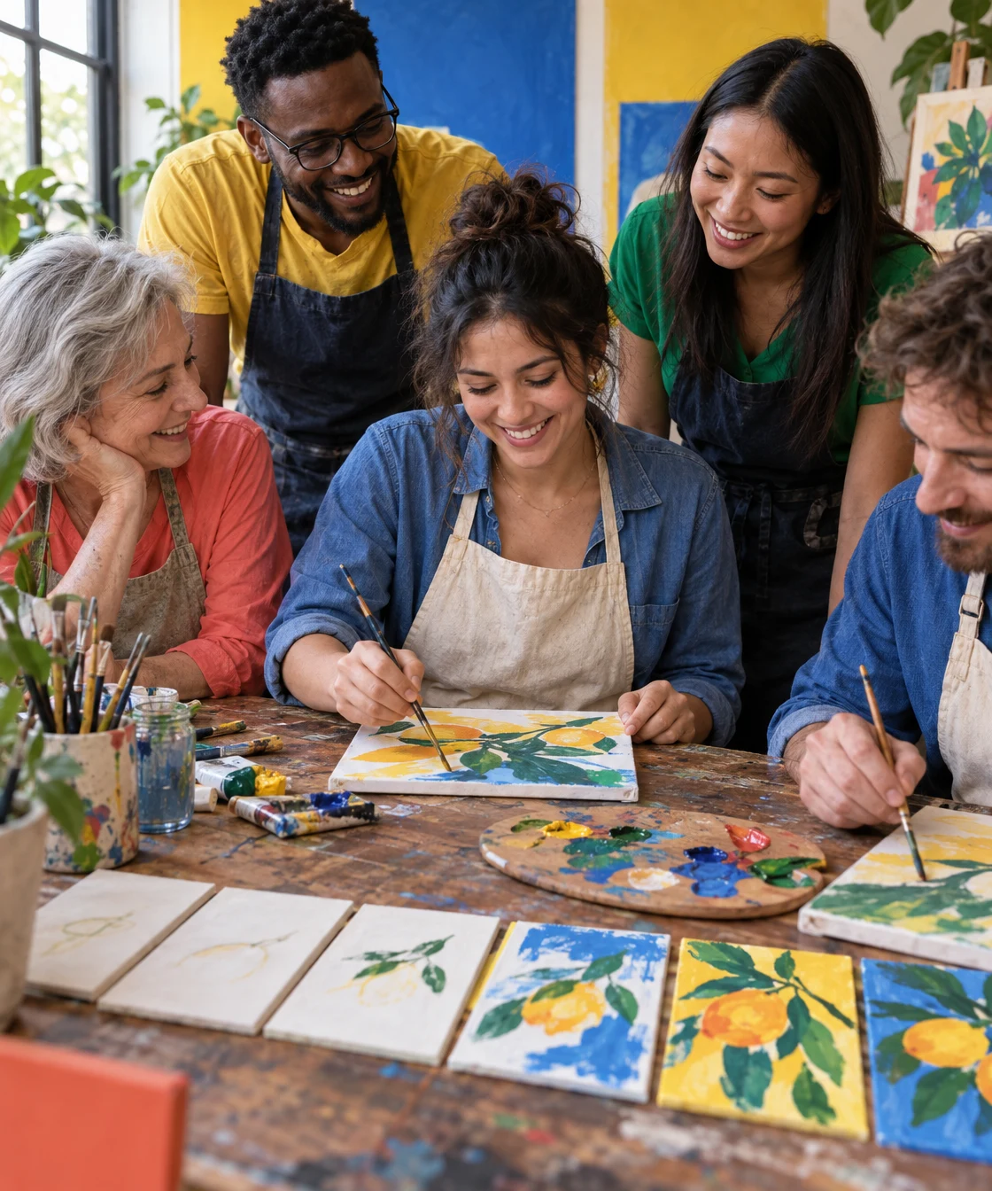 A smiling group paints together around a paint-marked table.