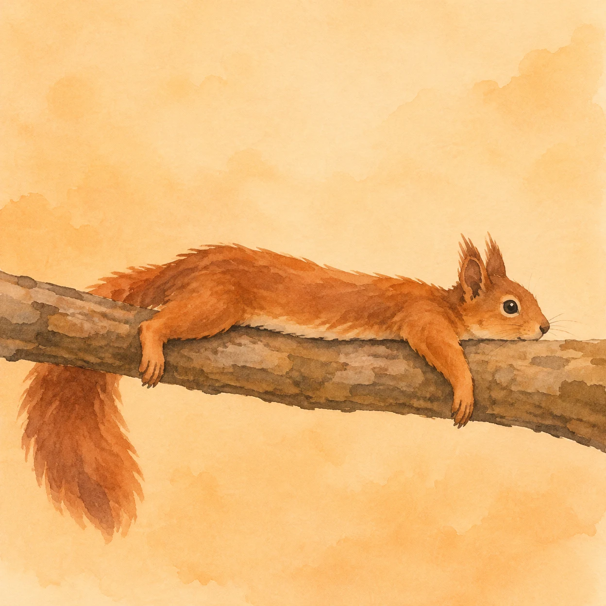 A russet squirrel lies stretched along a thick, textured branch, facing right with its bushy tail hanging below on the left.
