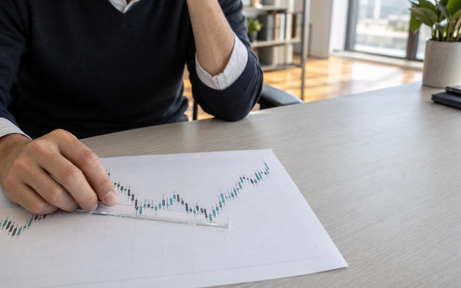 A cropped office analyst places a transparent straightedge across a printed teal-and-charcoal candlestick chart on a pale desk, with a bright window and warm…