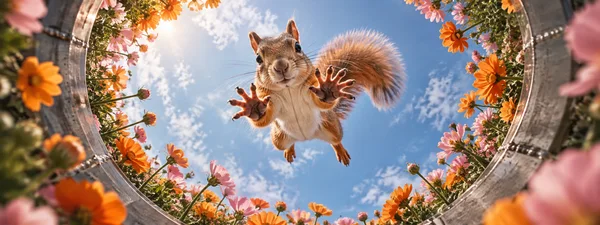 A red-brown squirrel leaps toward the camera above a circular ring of orange and pink flowers, with a blue sky and wispy clouds behind it.