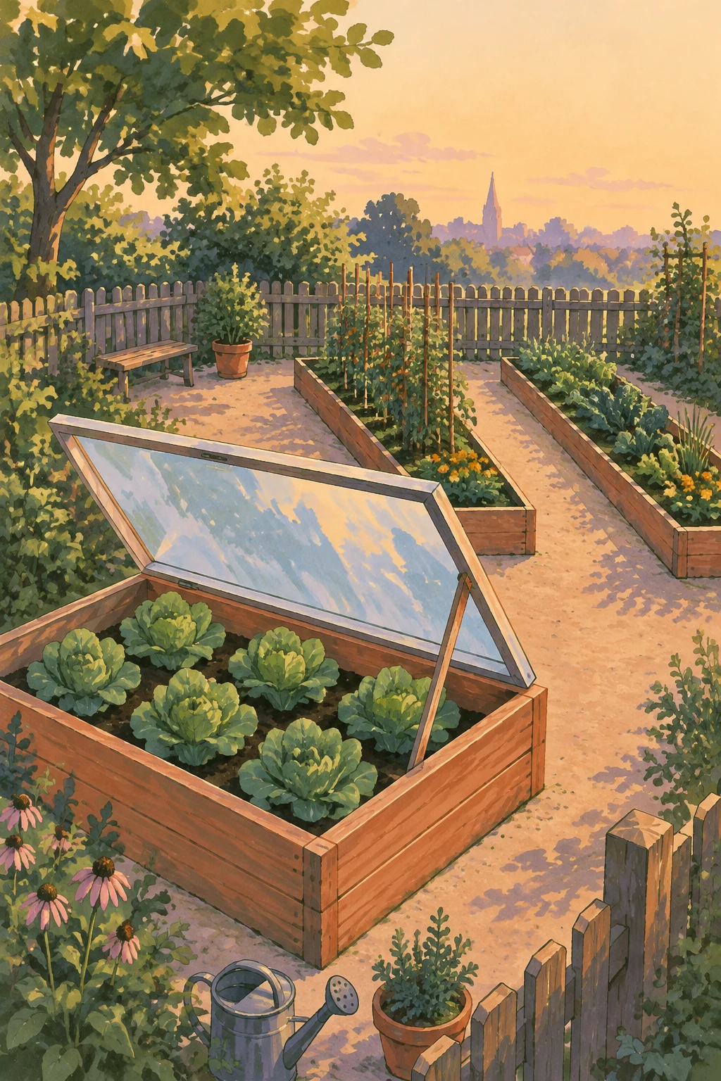 A raised wooden cold frame with a large pale-blue transparent lid propped open sits in the foreground of a fenced community garden.