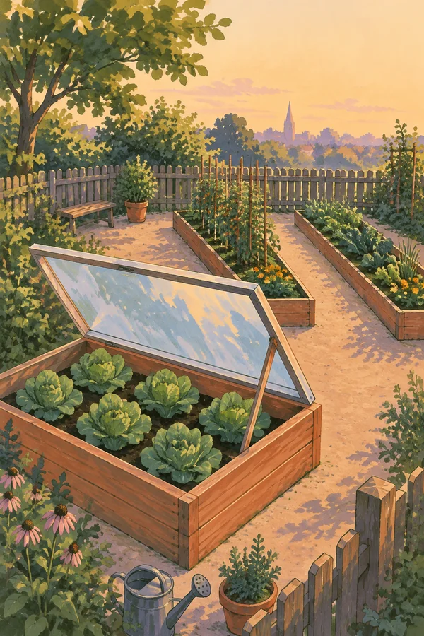 A raised wooden cold frame with a large pale-blue transparent lid propped open sits in the foreground of a fenced community garden.