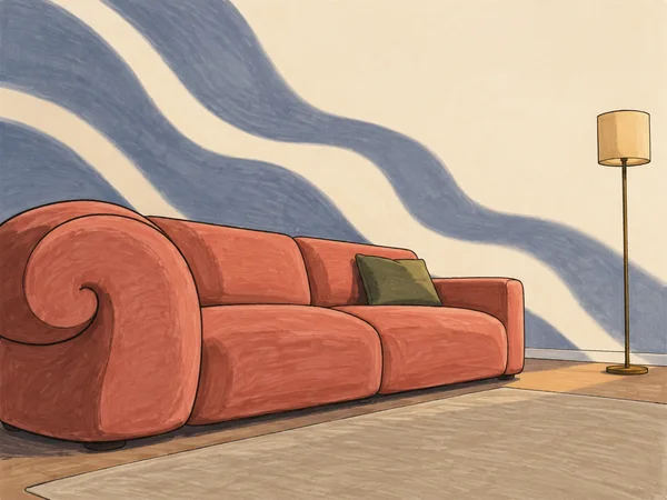 A hand-drawn illustration of a wide dusty-coral sofa with an oversized curled arm and a dark green cushion in a quiet living room.