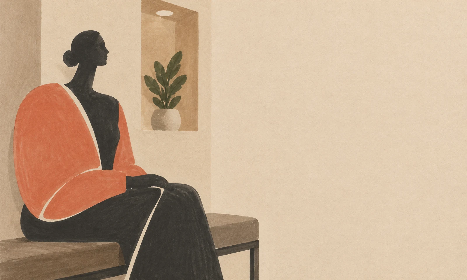 A dark side-profile figure with a low bun sits on a bench in a warm beige alcove, wearing oversized coral clothing; a potted plant sits in a wall niche, with…