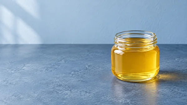 An open, unlabelled clear glass jar filled with golden liquid sits on the right side of a blue textured tabletop, against a pale blue wall with a horizontal…