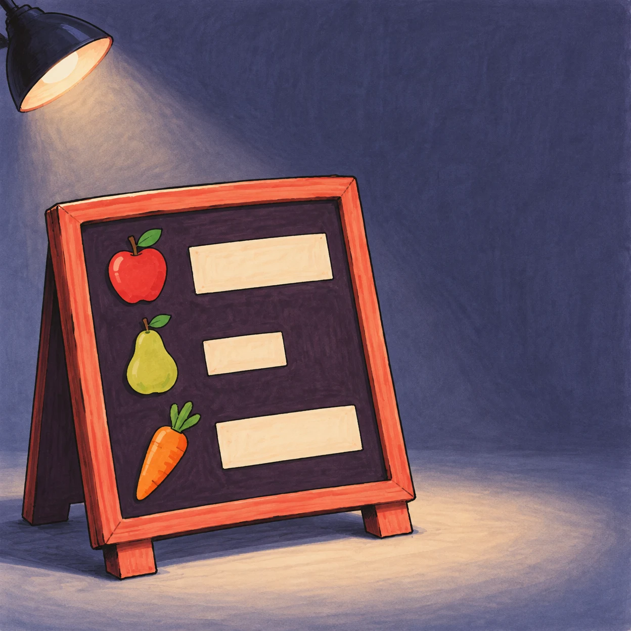 A coral-framed dark plum market board displays illustrations of an apple, pear and carrot beside blank cream tabs.