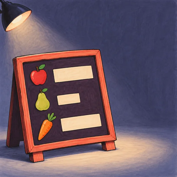 A coral-framed dark plum market board displays illustrations of an apple, pear and carrot beside blank cream tabs.