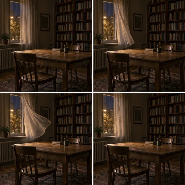 A four-panel contact sheet shows the same dim communal library at night, with an oak table, two wooden chairs, bookcases and a window beside a linen curtain in…