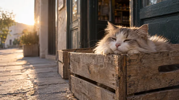 A cream-and-gray long-haired cat rests in a weathered wooden crate outside a storefront, its chin on the front rim and eyes half closed; a second crate sits…