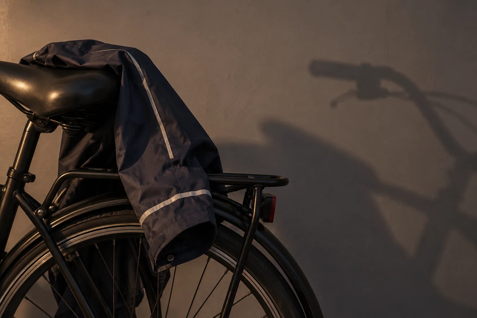 A navy raincoat with silver reflective trim draped over the saddle and rear rack of a black bicycle, beside its cropped rear wheel.