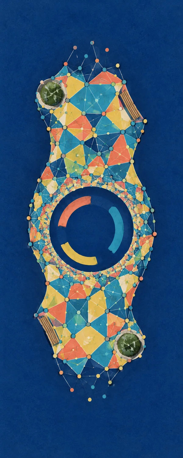An elongated, top-down abstract plaza with colorful polygonal paving and fine particle-network lines surrounds a large circular opening marked by three broad…