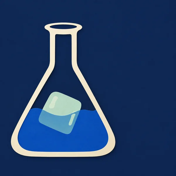 A cut-paper-style illustration of a large ivory Erlenmeyer flask on a deep navy background, with a cobalt-blue pool and one tilted pale-mint ice cube partly…