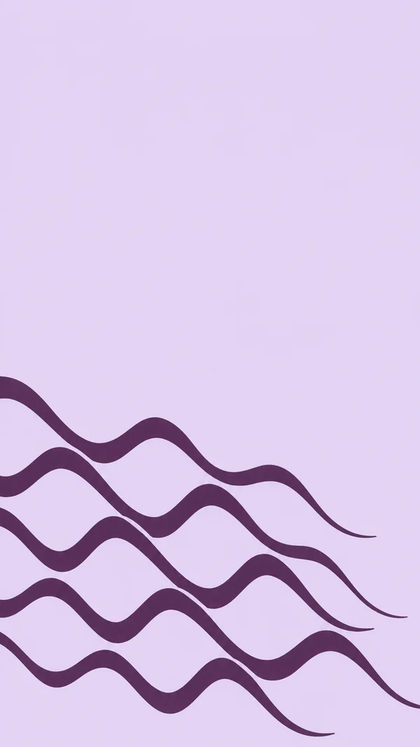 A pale lilac vertical abstract composition with several thick, dark aubergine wavy bands crossing the lower portion and tapering to points on the right; most…