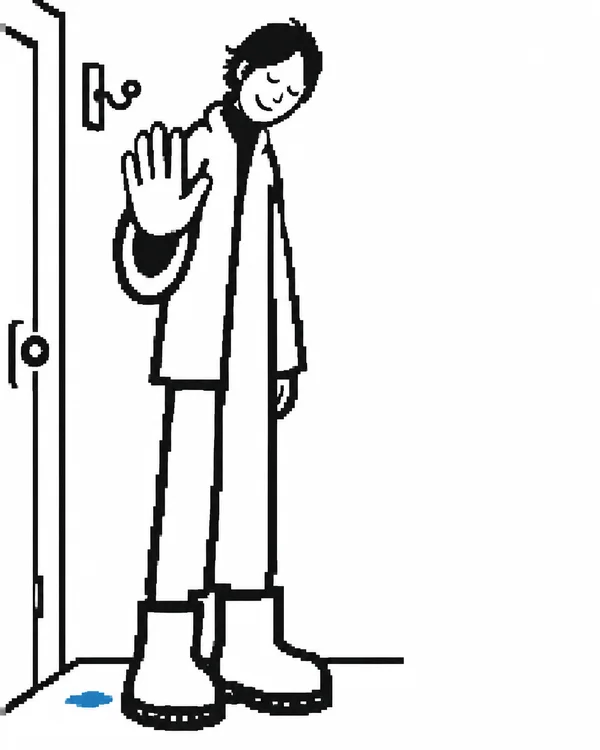 A black-and-white pixel-edged illustration of a long-limbed figure standing beside a partial doorframe, head bowed with eyes closed and one large open palm…