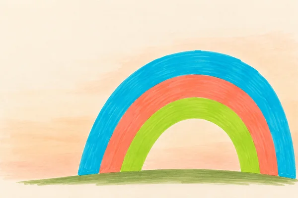 A large three-band cyan, coral and lime rainbow arches over a low olive-green ground stroke on warm ivory paper with a pale peach wash; the left side is mostly…