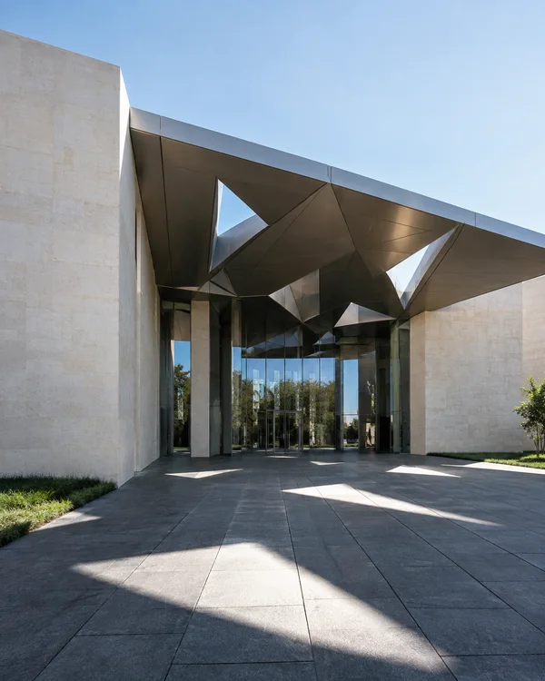 A contemporary pale-stone building with a tall glass entrance and angular metal canopy, seen from a broad charcoal-paved forecourt under a clear blue sky.