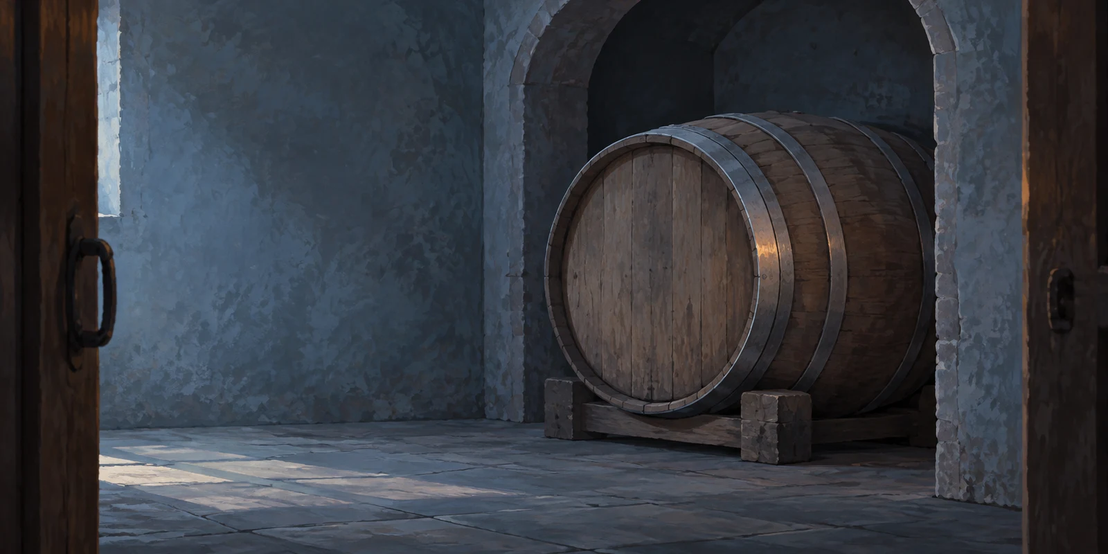 A large wooden barrel with broad metal hoops rests horizontally on a low cradle inside a stone cellar alcove, framed by a dark doorway; cool light falls across…