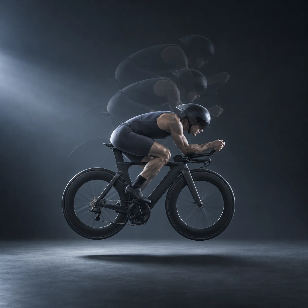 A helmeted cyclist in a dark sleeveless suit rides a black time-trial bicycle in a low aerodynamic tuck, suspended above a charcoal studio floor with a…