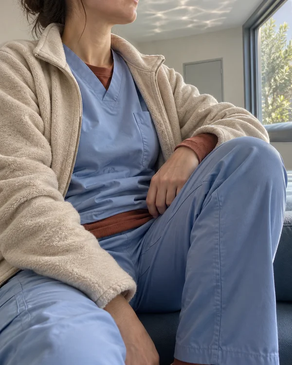 A person in pale blue scrubs, a rust-colored shirt and an unzipped cream fleece sits with one knee raised on a dark bench beside a large window; rippled light…