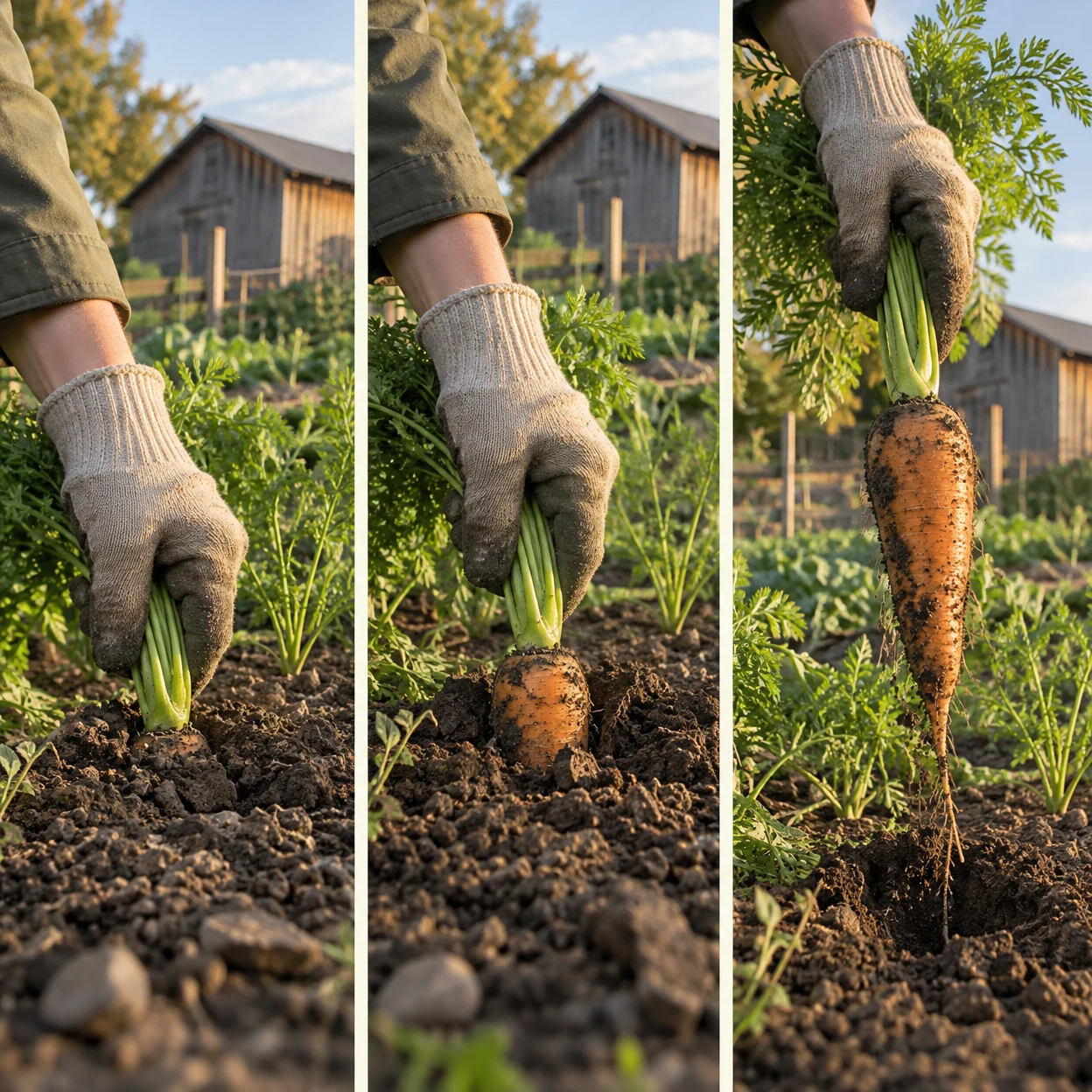 Three vertical photographs show a gloved hand pulling a carrot from a garden bed: first gripping the greens near the soil, then lifting the carrot partly out…