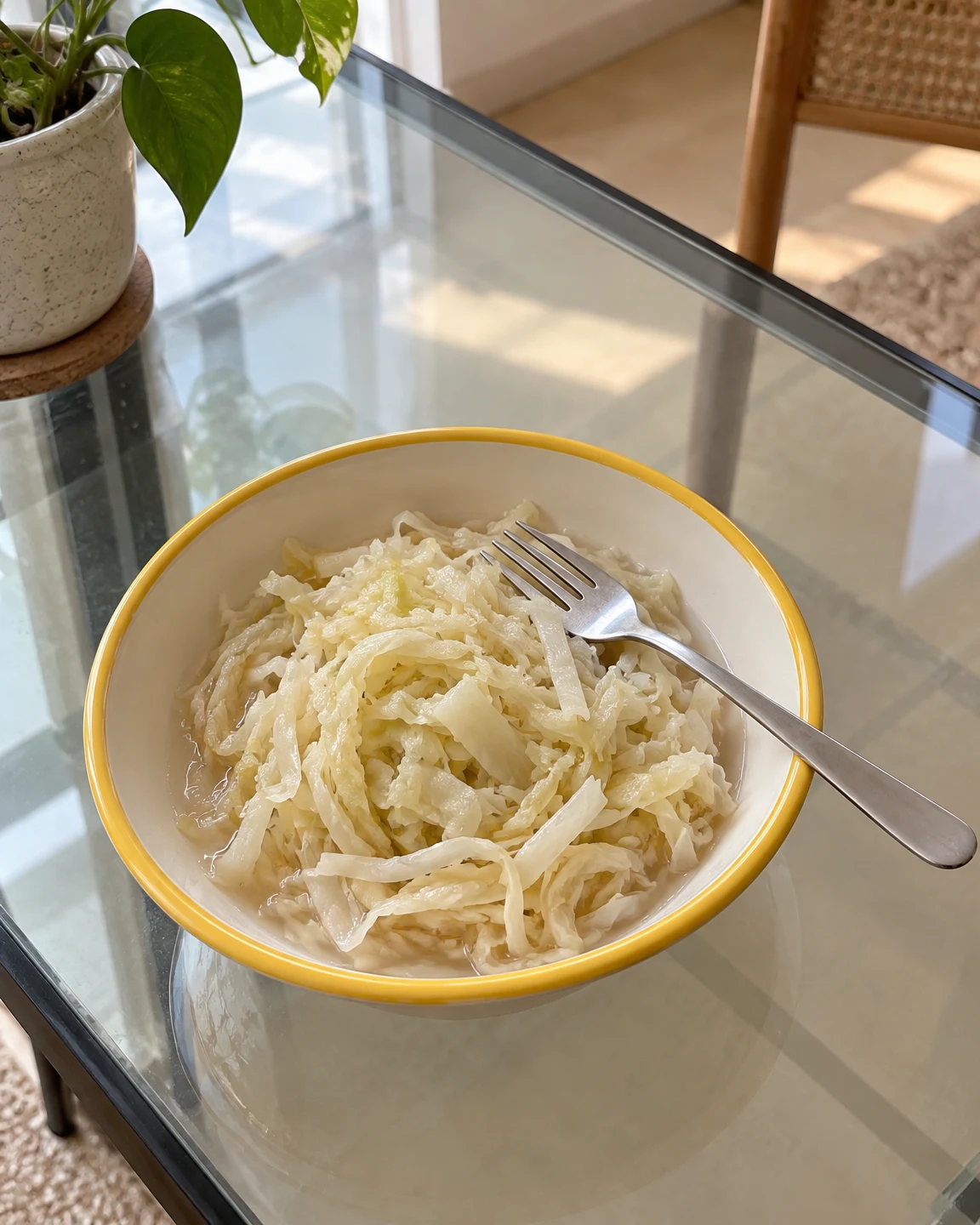 A cream bowl with a yellow rim holds pale shredded cabbage on a glass table, with a stainless-steel fork laid across it.