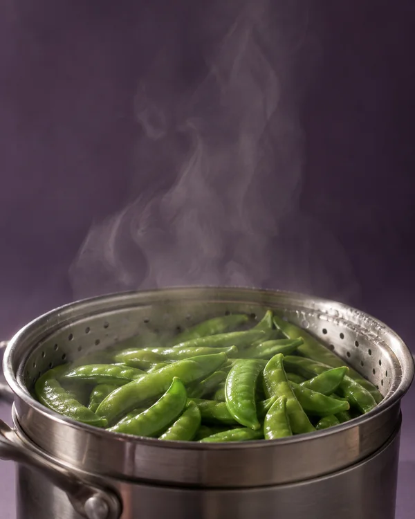 A perforated stainless-steel steamer insert filled with glossy green sugar snap peas sits inside a metal saucepan, with a tall plume of steam rising against a…